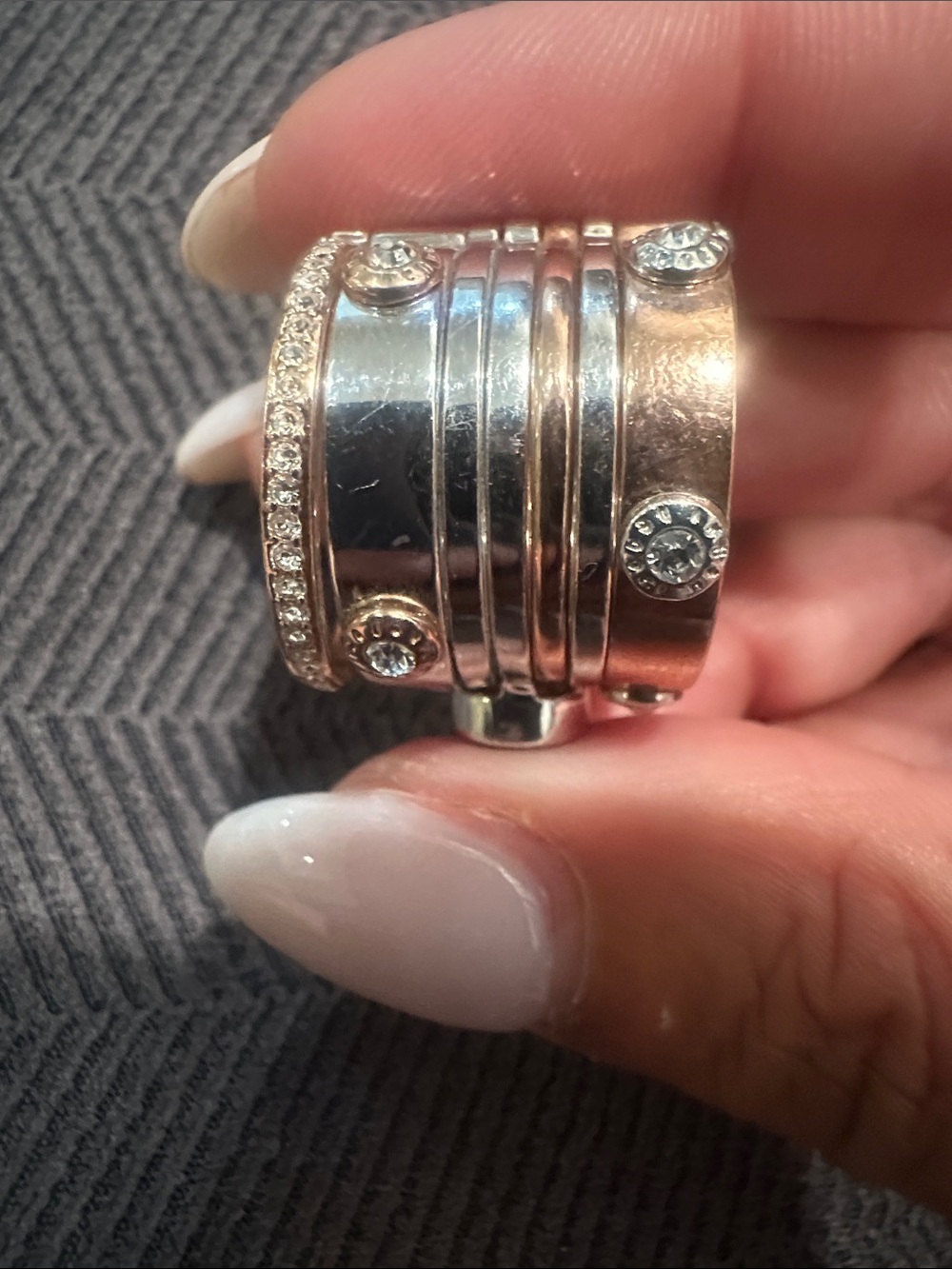 Henri Bendel Silver and Rose Gold Tone Crystal Statement Ring 7 stack